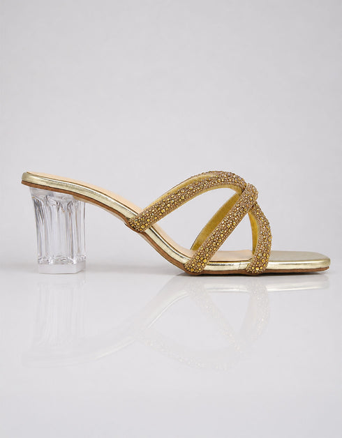 Auryn gold block heel sandals right side view showing rhinestone straps and transparent heel by Essence by Rubina