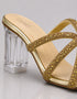 Close up sculpted transparent ribbed block heel and gold metallic footbed on Auryn heels by Essence by Rubina Pakistan