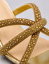 Close up gold rhinestone cross straps with knotted centre detail on Auryn block heel sandals by Essence by Rubina