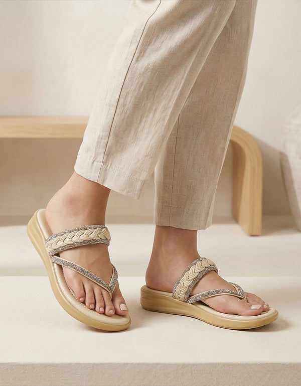 Beige braided flat sandals women
