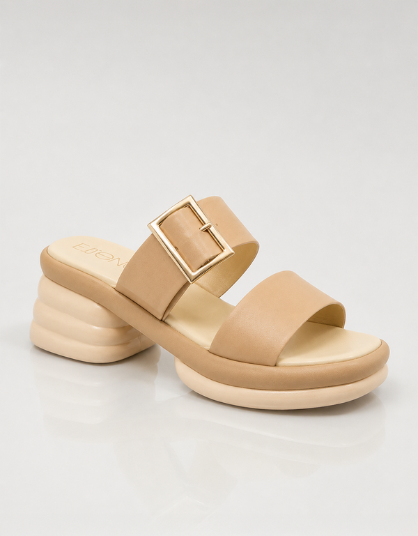 Beige platform wedge sandals gold buckle