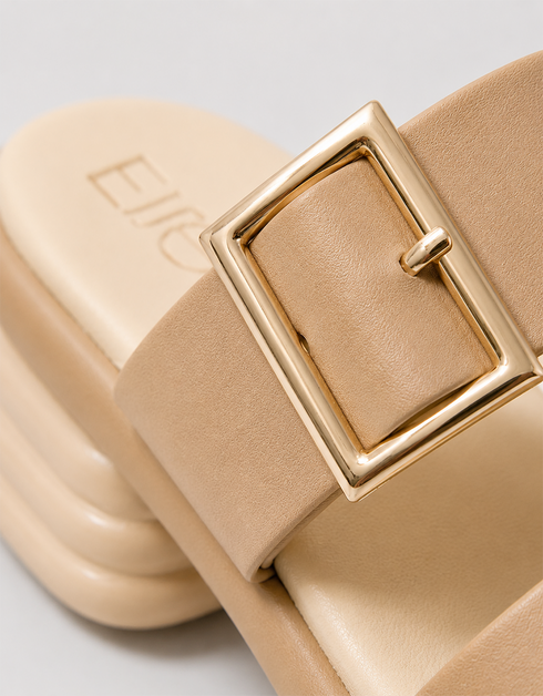 Gold square buckle beige sandals heels