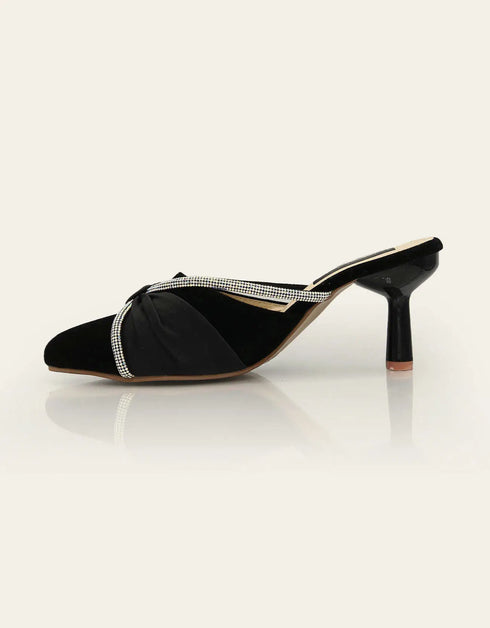Black party wear pointed heel mules for women with padded comfort sole – Essence by Rubina