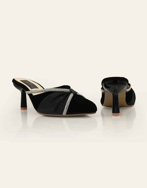 Pair of black satin pointed heel mules for women with elegant, pleated detailing – Essence by Rubina