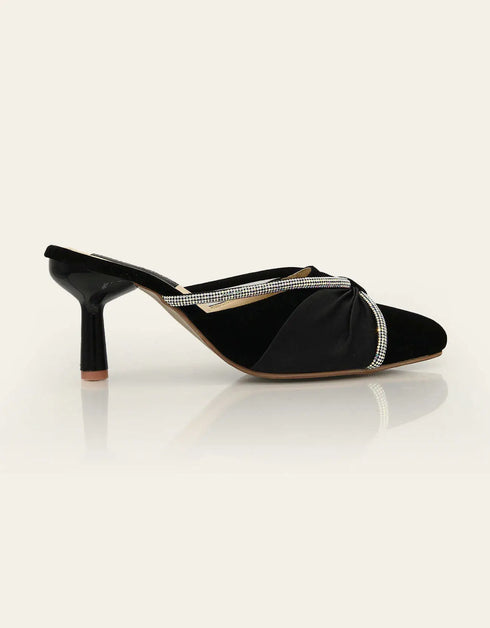 Black satin pointed toe mule heel for women side profile – Essence by Rubina