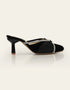 Black satin pointed toe mule heel for women side profile – Essence by Rubina