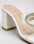 Close up of crystal embellished straps on Dazzle white block heel sandals