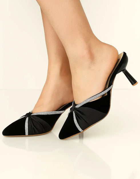 Éclat Elegance black satin pointed heel mules for women with shimmer accents – Essence by Rubina