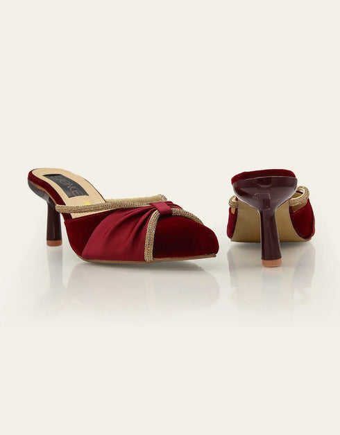 Pair of maroon satin pointed heel mules for women with elegant, pleated design – Essence by Rubina