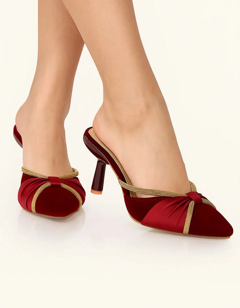 Éclat Elegance maroon satin pointed heel mules for women with pleated detailing and 2 inch heel