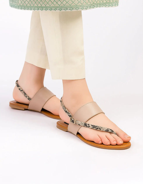 Elara Beige Flat Sandals with Snake Textured T-Strap – Essence by Rubina
