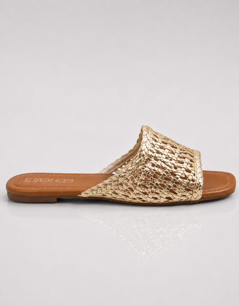 Gold woven sandal on a light gray background