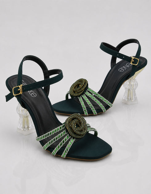 Emerald embellished green heels for women with sculptural transparent heel Pakistan Essence by Rubina