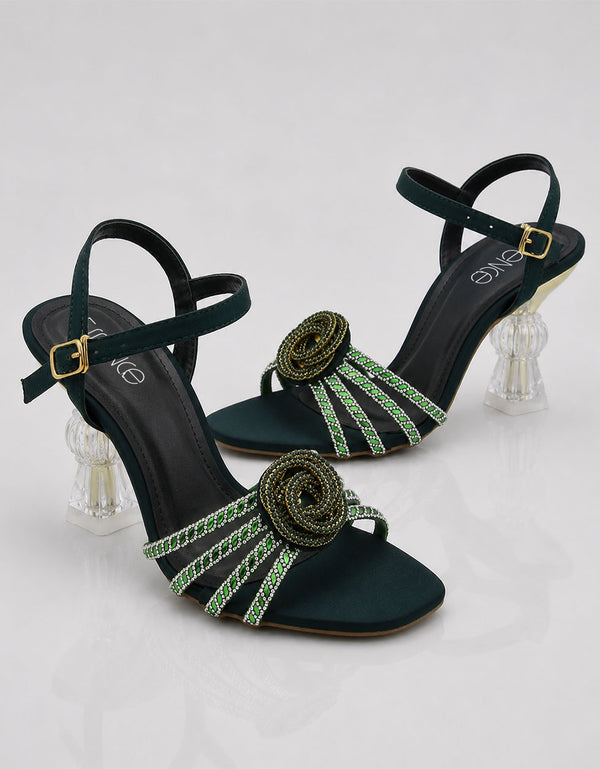 Emerald embellished green heels for women with sculptural transparent heel Pakistan Essence by Rubina