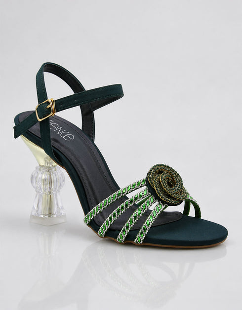 Emerald embellished heel shoes left side view transparent ribbed sculptural heel Essence by Rubina