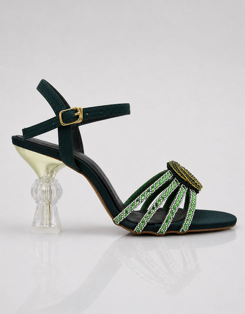 Emerald green designer heels right side view crystal straps and gold ankle buckle Essence by Rubina