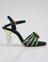 Emerald green designer heels right side view crystal straps and gold ankle buckle Essence by Rubina