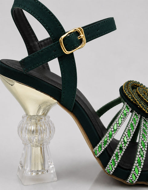 Close up sculptural transparent ribbed heel Emerald fancy heels for women Essence by Rubina Pakistan