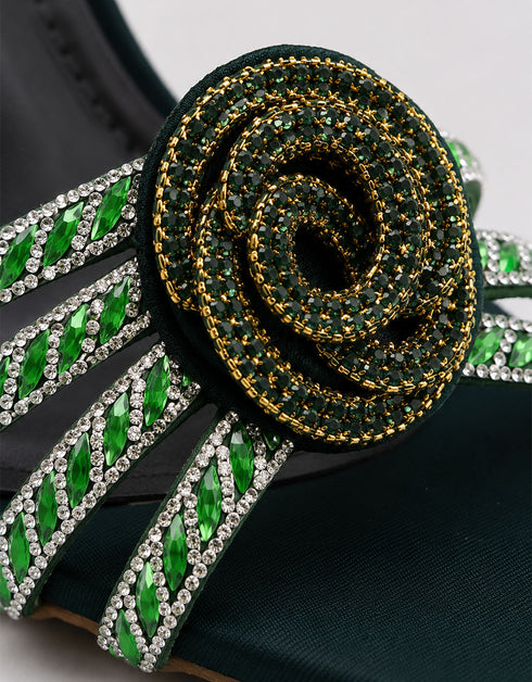 Close up handcrafted emerald crystal rose detail on embellished green heels Essence by Rubina