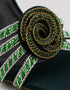 Close up handcrafted emerald crystal rose detail on embellished green heels Essence by Rubina