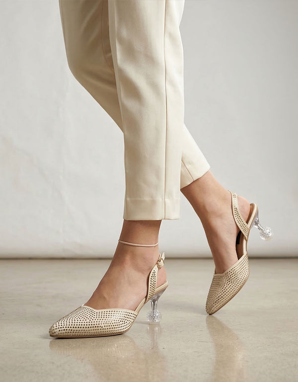 Golden Glitz gold pointed toe slingback heels for women with crystal embellishments and transparent heel