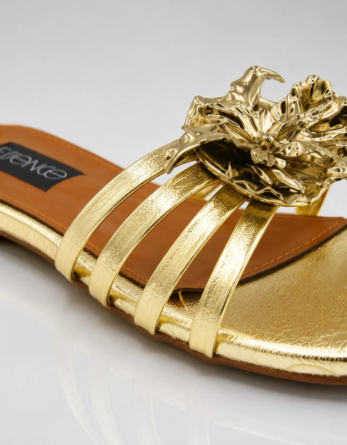Imperial gold flat sandals studio shot showing strappy upper and comfort sole by Essence by Rubina