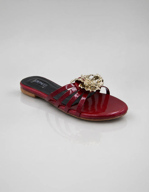 Imperial maroon handmade flat sandals front view with metallic flower embellishment by Essence by Rubina