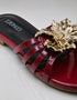 Imperial maroon flat sandals studio shot showing patent strappy upper and comfort sole by Essence by Rubina