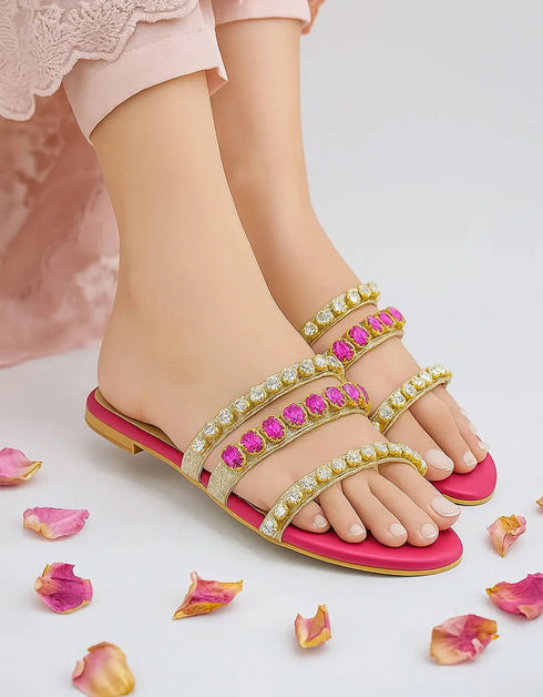 Jewel Pink Embellished Triple-Strap Flat Sandals – Essence by Rubina