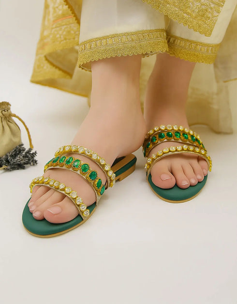 Jewel Green Embellished Triple-Strap Flat Sandals – Essence by Rubina