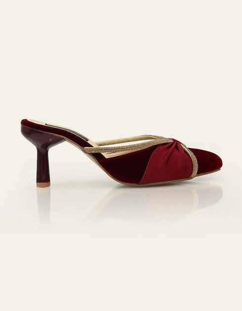 Maroon satin pointed toe heel mule for women side profile – Essence by Rubina