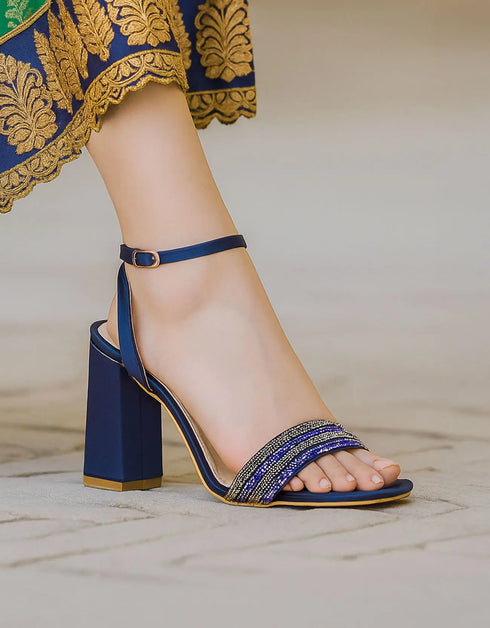 Stellar Blue Block Heels with Beaded Strap – Essence by Rubina