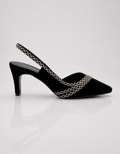 Side view of Twilight black pointed toe block heel slingback shoes β Essence by Rubina