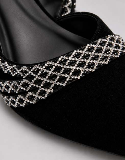 Close up of shimmering embellished strap on Twilight black slingback heels