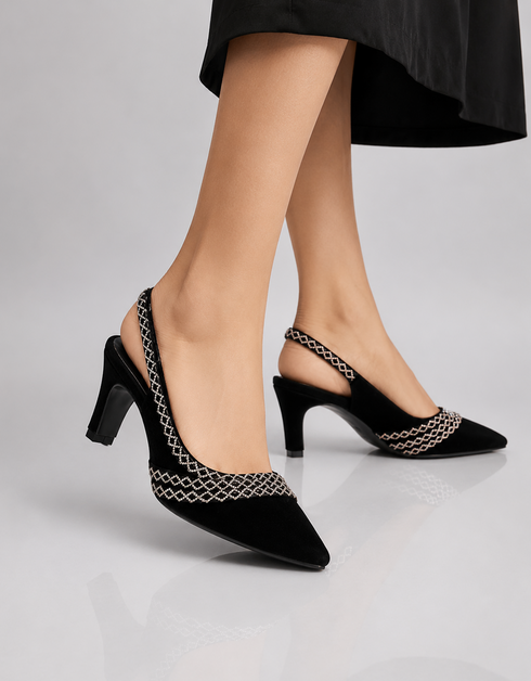 Twilight black pointed toe slingback heels for women with shimmering embellished strap and 2 inch block heel