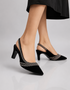 Twilight black pointed toe slingback heels for women with shimmering embellished strap and 2 inch block heel