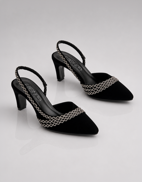 Front and side view of Twilight black pointed toe slingback heels for women with Crystal Detailing β Essence by Rubina