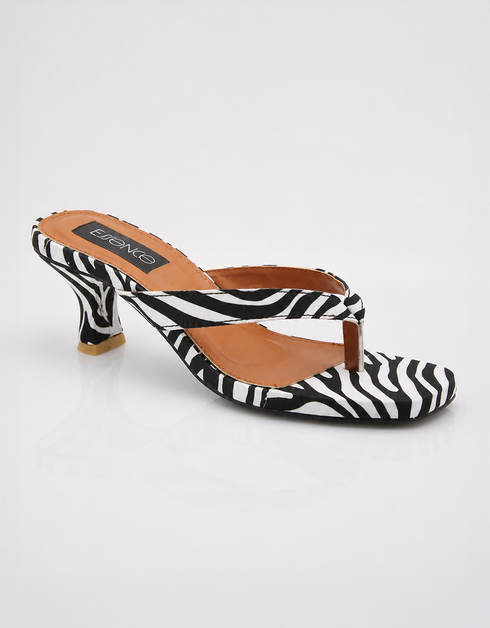 Zara black and white zebra print kitten heel mule sandals left side view by Essence by Rubina Pakistan