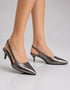 Zehra metallic silver pointed toe slingback kitten heels with chain detail strap by Essence by Rubina